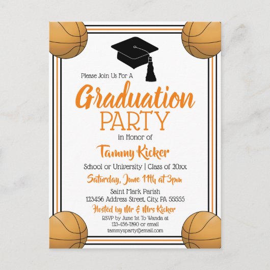 Invitation Carte Postale Basketball Orange & Black Graduation Party (Devant)