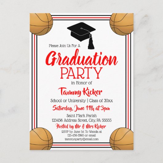 Invitation Carte Postale Basketball Red & Black Graduation Party (Devant)