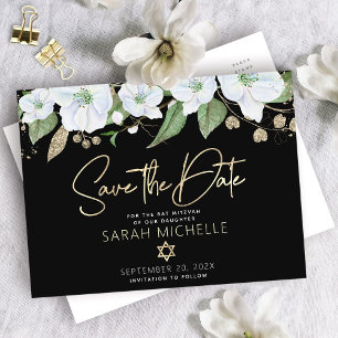 Invitation Carte Postale Bat mitzvah Black Gold Script Aquarelle Floral