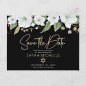 Invitation Carte Postale Bat Mitzvah Black Gold Script Watercolor Floral (Devant)
