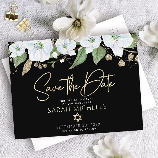 Invitation Carte Postale Bat Mitzvah Black Gold Script Watercolor Floral