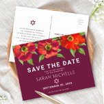 Invitation Carte Postale Bat mitzvah Bourgogne Enregistrer la date Floral A<br><div class="desc">Assurez-vous que tous vos amis et parents pourront célébrer le Bat mitzvah de votre fille! Envoyez cette aquarelle chic, étonnante, rouge florale avec le type san serif moderne contre un arrière - plan bordeaux, personnalisée "Save the Date" carte postale faire-part. Personnalisez le texte personnalisé avec le nom et la date...</div>