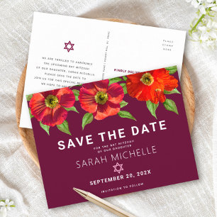 Invitation Carte Postale Bat mitzvah Bourgogne Enregistrer la date Floral A