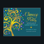 Invitation Carte Postale Bat mitzvah Changement de plans Gold Tree of Life<br><div class="desc">Assurez-vous que tous vos amis et parents pourront encore célébrer le Bat mitzvah d’étape de votre fille, quelles que soient les circonstances imprévues dans le monde. Envoyez un arbre à feuille d'or étincelant, imitation graphique, brillant, turquoise, turquoise, violet et bleu étoile de David et pointez "feuilles" sur un riche arrière...</div>