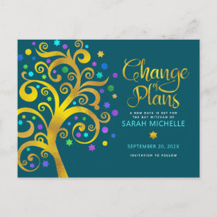 Invitation Carte Postale Bat mitzvah Changement de plans Gold Tree of Life