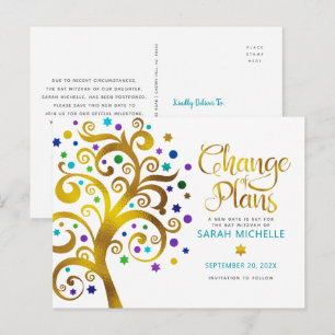 Invitation Carte Postale Bat Mitzvah Changement de Plans Or Turquoise Arbre