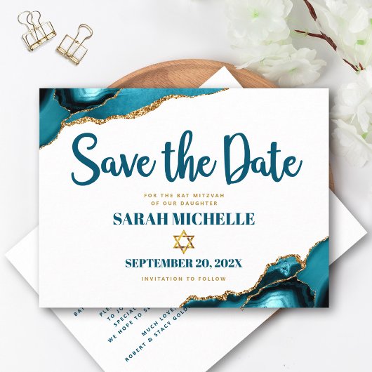 Invitation Carte Postale Bat Mitzvah Date à retenir Turquoise Agate Script