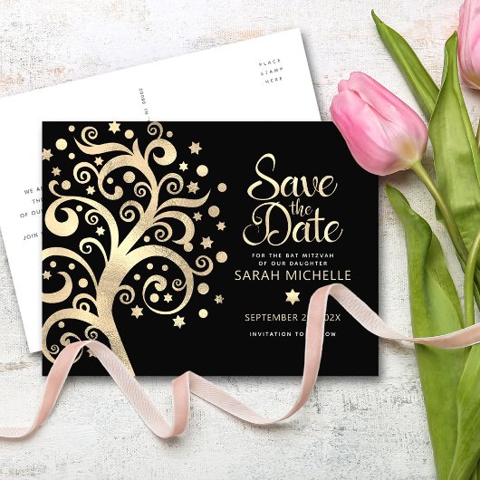 Invitation Carte Postale Bat mitzvah Date de sauvegarde Black Gold Foil Arb