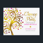 Invitation Carte Postale Bat mitzvah d'or rose Changement de plan Arbre de<br><div class="desc">Assurez-vous que tous vos amis et parents pourront encore célébrer le Bat mitzvah d’étape de votre fille, quelles que soient les circonstances imprévues dans le monde. Envoyez cet étonnant et graphique faux feuille d'or avec rose brillant, orange et rouge étoile de David et pointez "feuilles" sur un arrière - plan...</div>