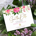 Invitation Carte Postale Bat mitzvah Enregistrer la date Floral Aquarelle S<br><div class="desc">Assurez-vous que tous vos amis et parents pourront célébrer le Bat mitzvah de votre fille! Envoyez cette carte postale chic et personnalisée "Save the Date" faire-part. Une étonnante aquarelle florale rose et pêche avec typographie de feuille d'or faux et rose moderne poussiéreux et type sans serif gris superpose un arrière...</div>