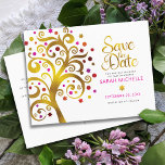 Invitation Carte Postale Bat mitzvah Enregistrer la date Gold & Pink Tree o<br><div class="desc">Assurez-vous que tous vos amis et parents pourront célébrer le Bat mitzvah de votre fille! Envoyez cet étonnant et graphique faux feuille d'or avec rose brillant, orange et rouge étoile de David et pointez "feuilles" sur un arrière - plan blanc, personnalisée "Enregistrer la date" carte postale faire-part. Personnalisez le texte...</div>