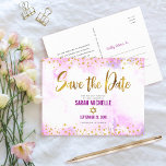 Invitation Carte Postale Bat mitzvah Enregistrer la date Gold sur Aquarelle<br><div class="desc">Assurez-vous que tous vos amis et parents pourront célébrer le Bat mitzvah de votre fille! Envoyez cette fausse feuille d'or brillant, moderne, étincelante, des points de parties scintillant et un script de typographie contre un arrière - plan d'aquarelle rose doux, personnalisée "Save the Date" carte postale faire-part. Personnalisez le texte...</div>