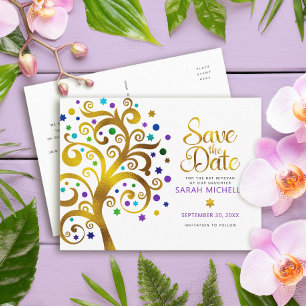 Invitation Carte Postale Bat Mitzvah Enregistrer la date Or Arbre de vie Vi