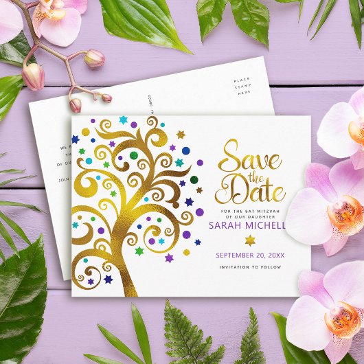 Invitation Carte Postale Bat Mitzvah Enregistrer la date Or Arbre de vie Vi