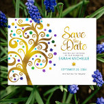 Invitation Carte Postale Bat mitzvah Enregistrer la date Or et arbre Turquo<br><div class="desc">Assurez-vous que tous vos amis et parents pourront célébrer le Bat mitzvah de votre fille! Envoyez ce magnifique arbre à feuille d'or, imitation graphique, brillant, turquoise, turquoise, violet et bleu Star de David et pointez "feuilles" sur un arrière - plan blanc, personnalisée "Enregistrer la date" faire-part. Personnalisez le texte personnalisé...</div>