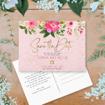 Invitation Carte Postale Bat mitzvah Enregistrer la date Pink Floral Aquare<br><div class="desc">Assurez-vous que tous vos amis et parents pourront célébrer le Bat mitzvah de votre fille! Envoyez cette carte postale chic et personnalisée "Save the Date" faire-part. Une étonnante aquarelle florale rose et pêche avec typographie de scénario de feuille d'or faux et rose moderne poussiéreux et gris san serif type superposent...</div>