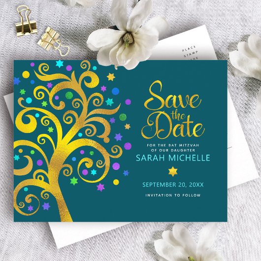 Invitation Carte Postale Bat mitzvah Enregistrer la date Turquoise Gold Tre