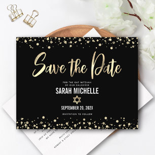 Invitation Carte Postale Bat Mitzvah Enregistrez la date Moderne Noir Or Sc