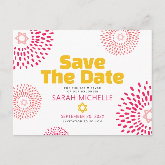 Invitation Carte Postale Bat mitzvah rose Enregistrer la date Starburst mod (Devant)