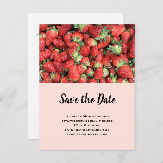 Invitation Carte Postale Batch of Red Juicy Strawberries Enregistrer la dat (Devant / Derrière)