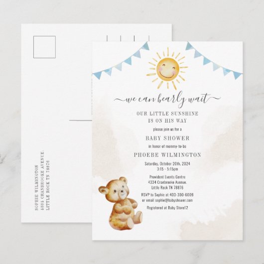 Invitation Carte Postale Bear Sunshine Aquarelle Baby shower garçon (Devant / Derrière)