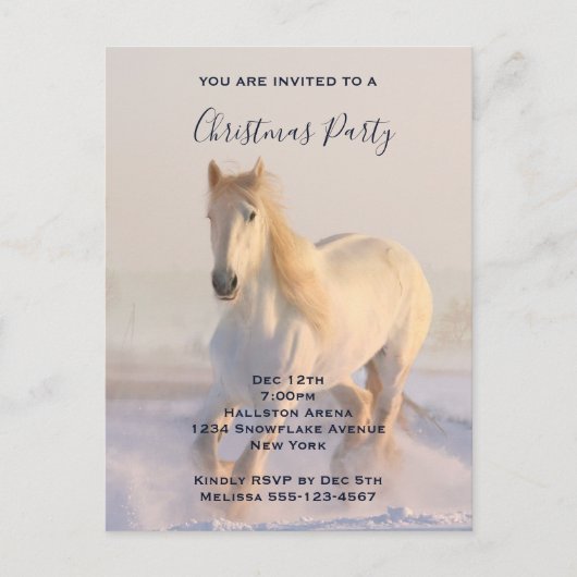 Invitation Carte Postale Beau Cheval blanc dans la neige Photo Noël (Devant)