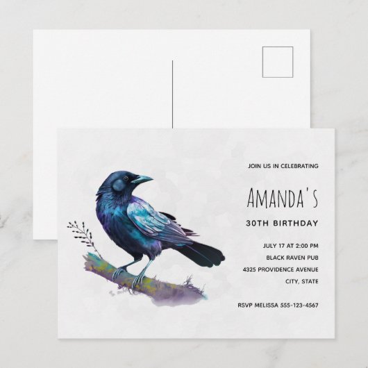 Invitation Carte Postale Beau Corbeau sur une branche d'arbre Anniversaire (Devant / Derrière)