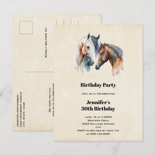 Invitation Carte Postale Beaux Chevaux Boho Occidental Style Anniversaire (Devant / Derrière)