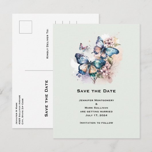 Invitation Carte Postale Beaux papillons et fleurs Sauvez la date (Devant / Derrière)