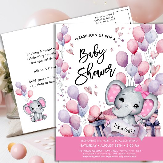 Invitation Carte Postale Bébé Eléphant Ballons roses Baby shower doux