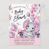 Invitation Carte Postale Bébé Eléphant Ballons roses mignonette Baby shower (Devant)