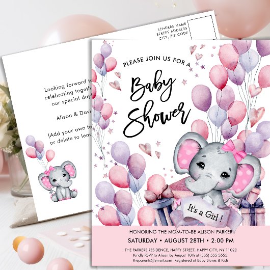 Invitation Carte Postale Bébé Eléphant Ballons roses mignonette Baby shower