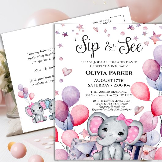 Invitation Carte Postale Bébé Eléphant Ballons roses SIP ET VOIR