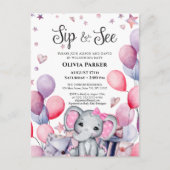 Invitation Carte Postale Bébé Eléphant Ballons roses SIP ET VOIR (Devant)