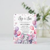 Invitation Carte Postale Bébé Eléphant Ballons roses SIP ET VOIR (Debout devant)