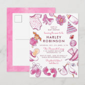 Invitation Carte Postale Bébé fille | Baby shower Jouets d'aquarelle rose (Devant / Derrière)