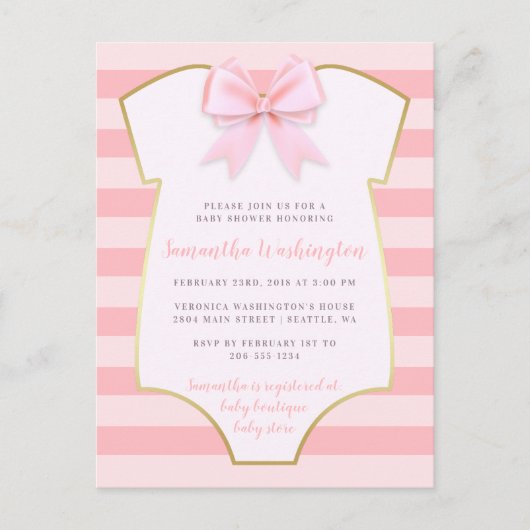 Invitation Carte Postale Bébé mignon fille Blush Bow rose et Baby shower or (Devant)