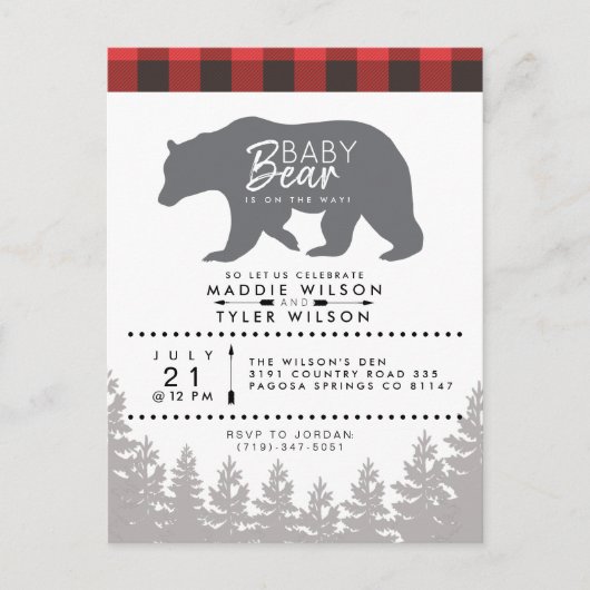 Invitation Carte Postale Bébé Ours | Baby Shower Rustique | Bûcheron (Devant)