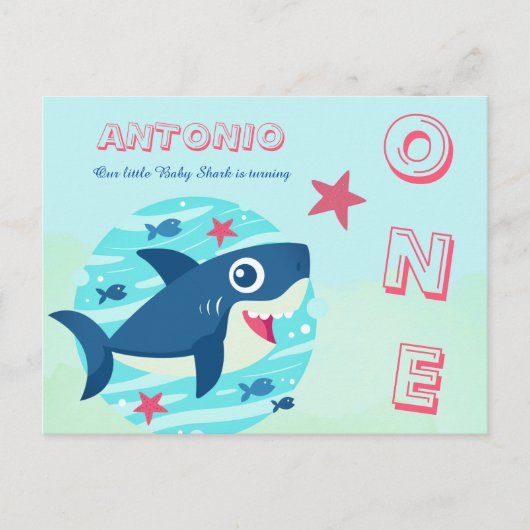 Invitation Carte Postale Bébé requin premier anniversaire mignon sous la me (Devant)