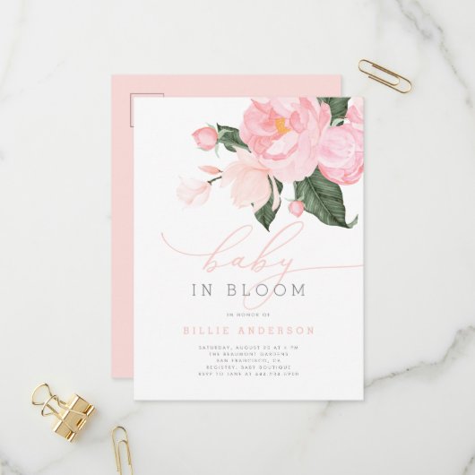 Invitation Carte Postale Bébé rose rose florale en fleurs douche (Devant/Arrière en situation)