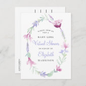Invitation Carte Postale Bébé virtuel Douche violet Floral Aquarelle (Devant / Derrière)