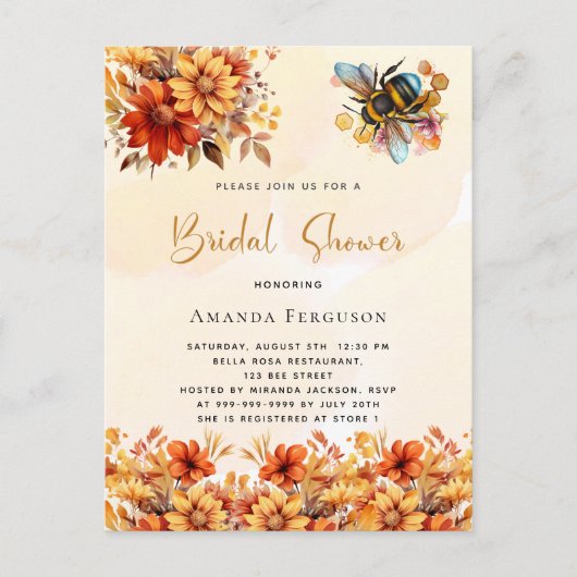 Invitation Carte Postale Bee Bridal douche orangé fleurs d'automne (Devant)