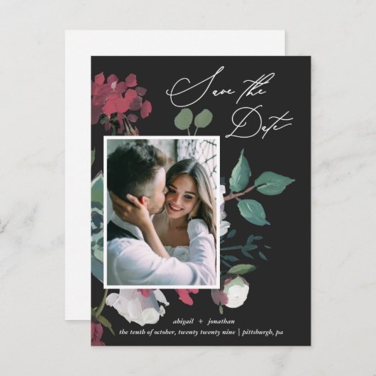 Invitation Carte Postale Belle aquarelle Floral Black Enregistrer la date (Devant / Derrière)