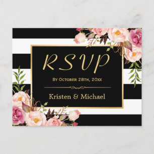 Invitation Carte Postale Belle Flore Noir Blancs Mariage RSVP