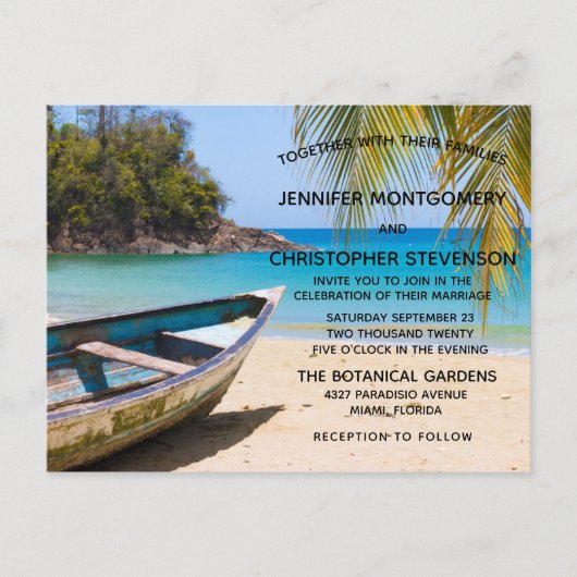 Invitation Carte Postale Belle plage tropicale avec un Mariage en bateau (Devant)