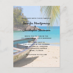Invitation Carte Postale Belle plage tropicale avec un Mariage en bateau
