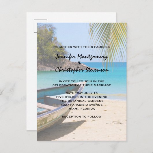 Invitation Carte Postale Belle plage tropicale avec un Mariage en bateau (Devant / Derrière)