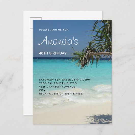 Invitation Carte Postale Belle Plage Tropicale Ocean Paradise Anniversaire (Devant / Derrière)