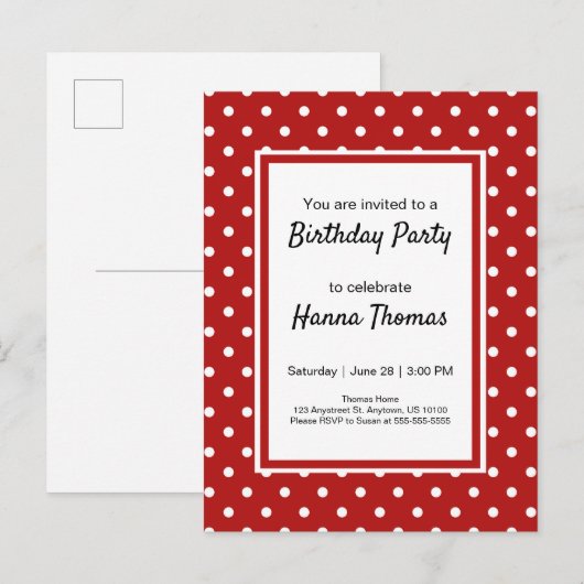 Invitation Carte Postale Belle Polka Blanc Rouge Point Anniversaire (Devant / Derrière)