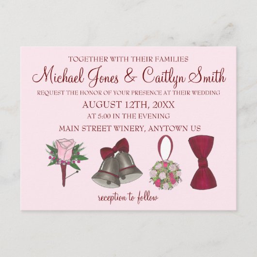 Invitation Carte Postale Bells Bow Bouquet Rose Bouttoniere Mariage (Devant)